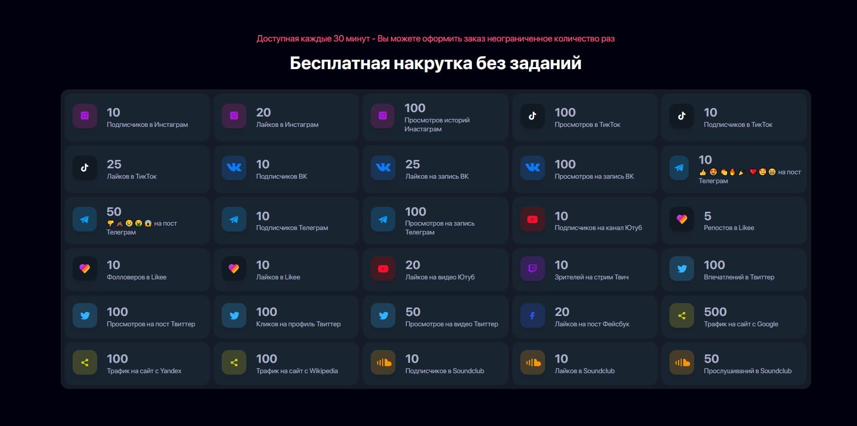 Список доступных услуг для накрутки